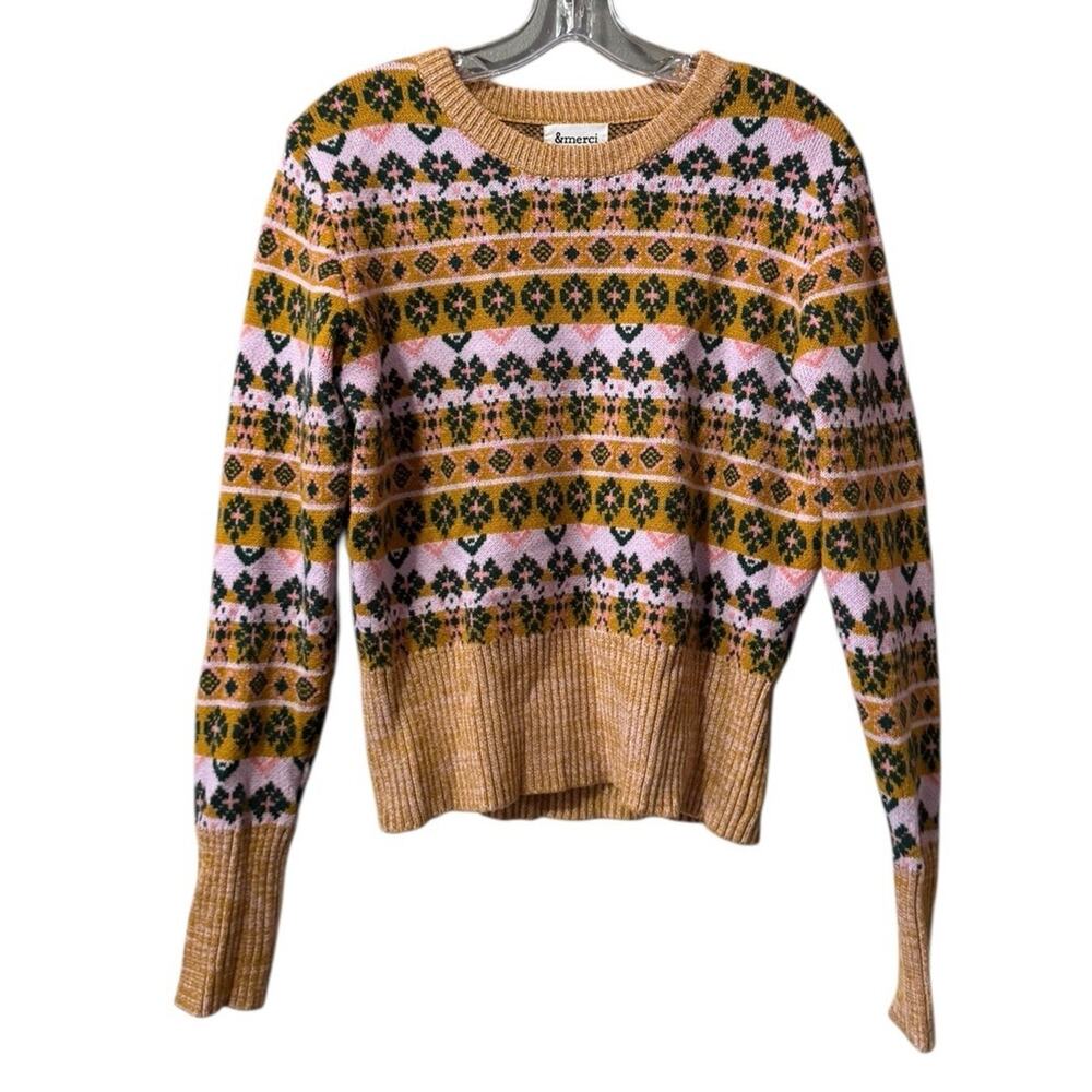 &Merci Women Sz Medium Colorful Sweater Knit Stretch Preppy Modern Winter Casual